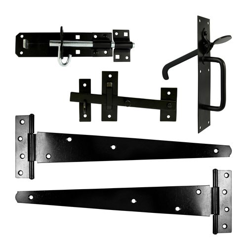 Side Gate Kit Medium Tee Hinges Suffolk Latch & Brenton Padbolt Black - 18"