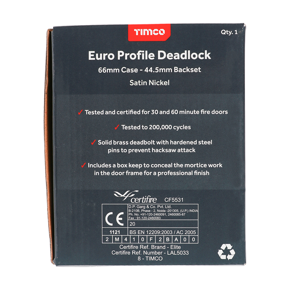 Euro Deadlock Satin Nickel - 66mm