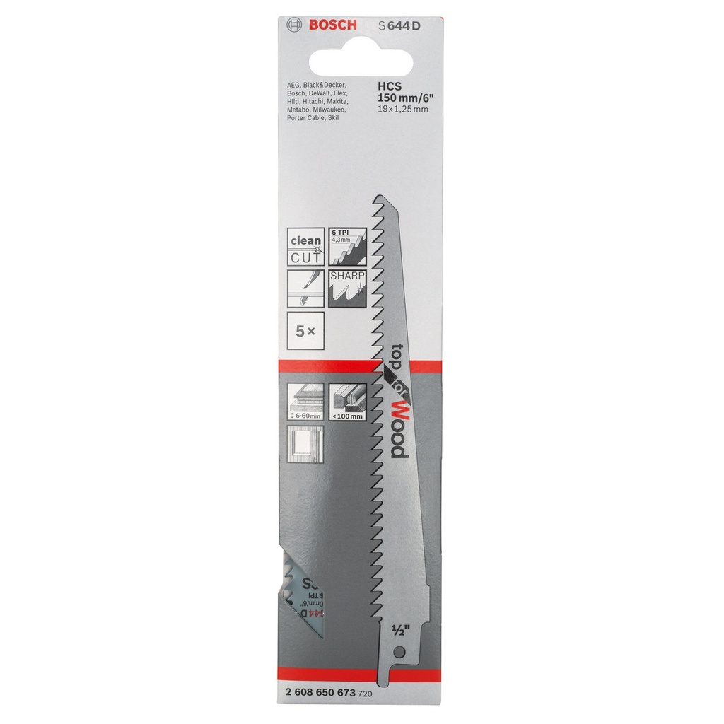 2608650673 S644D SABRE BLADE FOR NAIL FREE WOOD 150MM (5 PK)