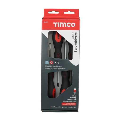 [TIM140040] Screwdriver Set, Slotted and Phillips Screwdrivers with Magnetic Tips, Ergonomic Anti-Slip Handles - 4 Pieces