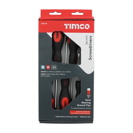 [TIM140041] Screwdriver Set, Slotted and Phillips Screwdrivers with Magnetic Tips, Ergonomic Anti-Slip Handles - 6 Pieces