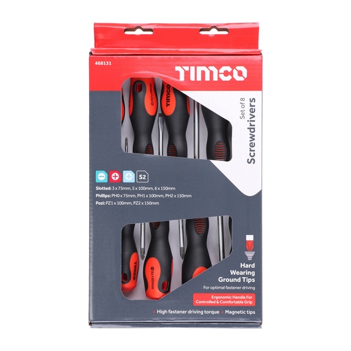 [TIM140042] Screwdriver Set, Slotted, Phillips and Pozi Screwdrivers with Magnetic Tips, Ergonomic Anti-Slip Handles - 8 Pieces