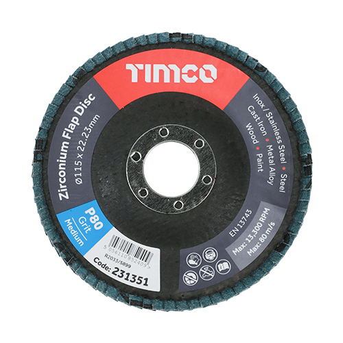 [TIM150142] Set of Flap Discs Zirconium Type 29 Conical P80 Grit - 115 x 22.23
