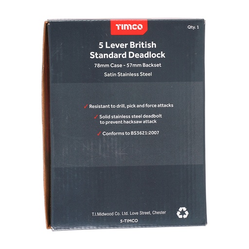 [TIM170502] 5 Lever British Standard Deadlock Stainless Steel Satin - 78mm