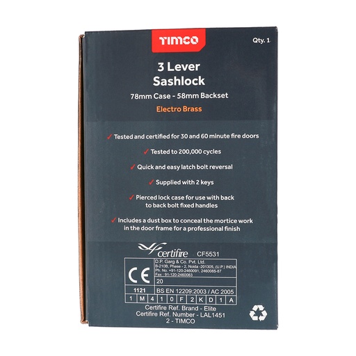 [TIM170516] 3 Lever Electro Brass Mortice Sashlock 78mm Case 58mm Backset