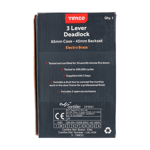 [TIM170535] 3 Lever Electro Brass Mortice Deadlock 65mm Case 45mm Backset