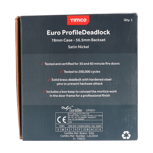 [TIM170538] Euro Deadlock Satin Nickel - 78mm